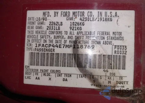 1991 Ford Mustang Lx z USA, uszkodzony, nr VIN 1FACP44E7MF118769